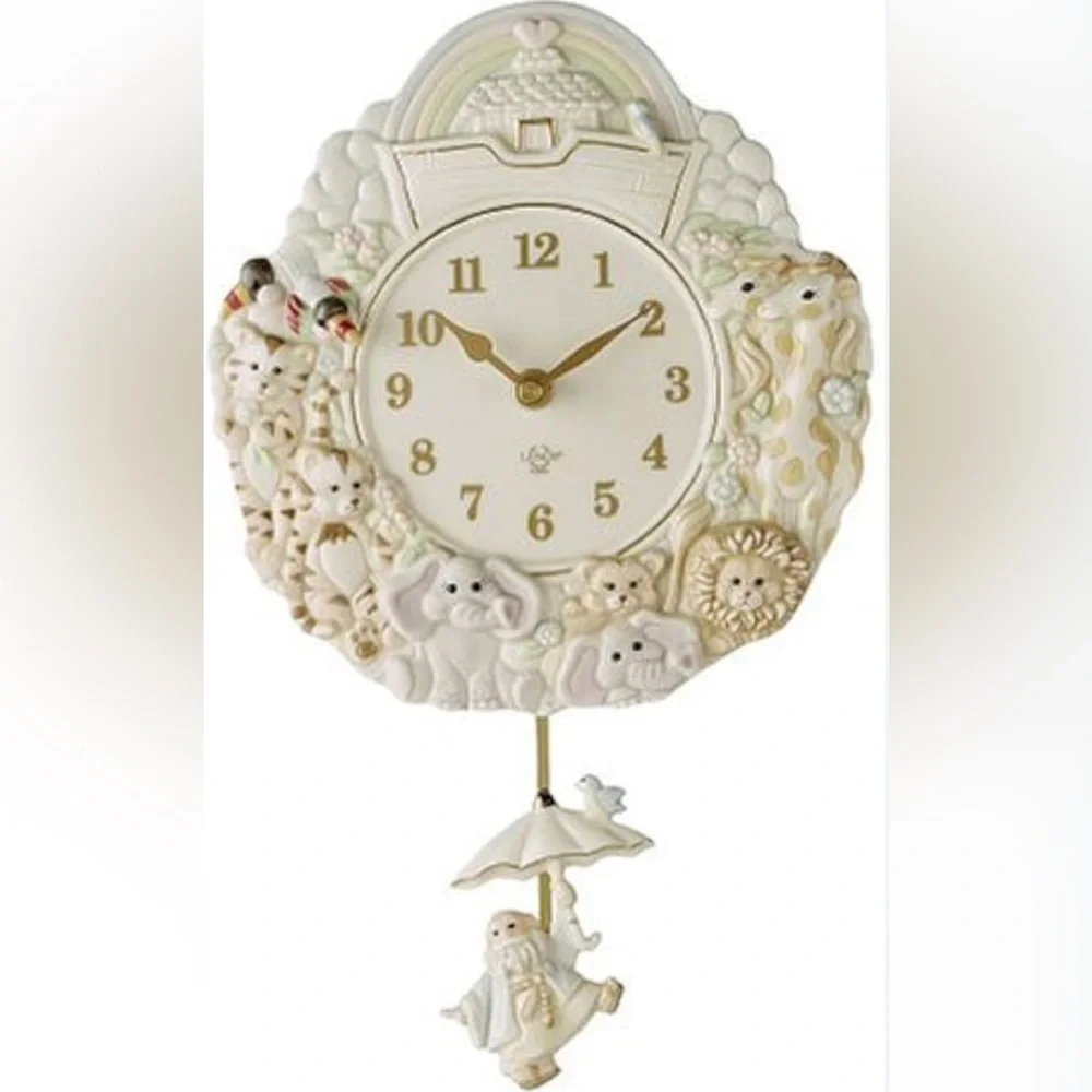 New in box Lenox Noah’s ark wall clock with pendulum porcelain vintage baby gift